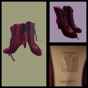 Lace up, jewel toned maroon satin "Chelsea Crew" heel boots.